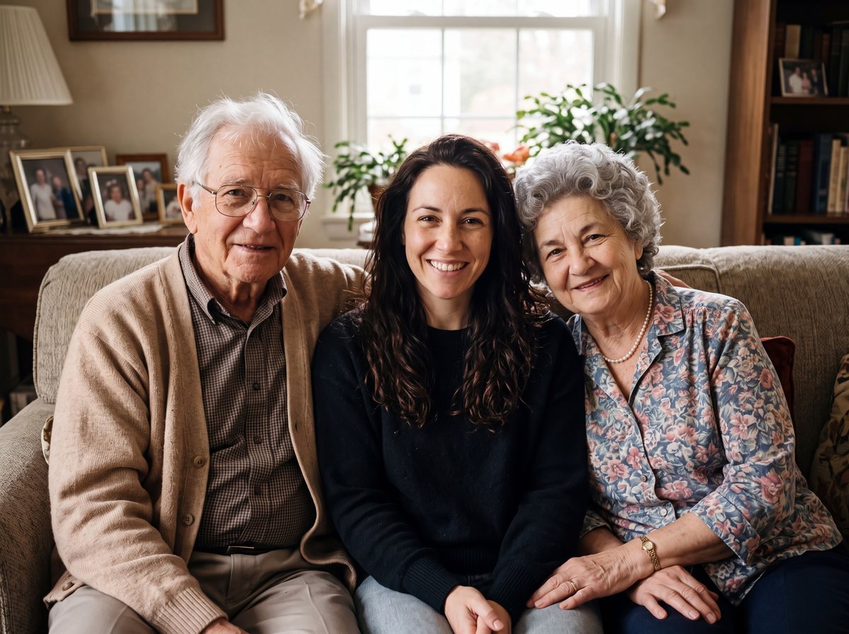 A new photo of grandparents on a sofa at home with their granddaughter between them