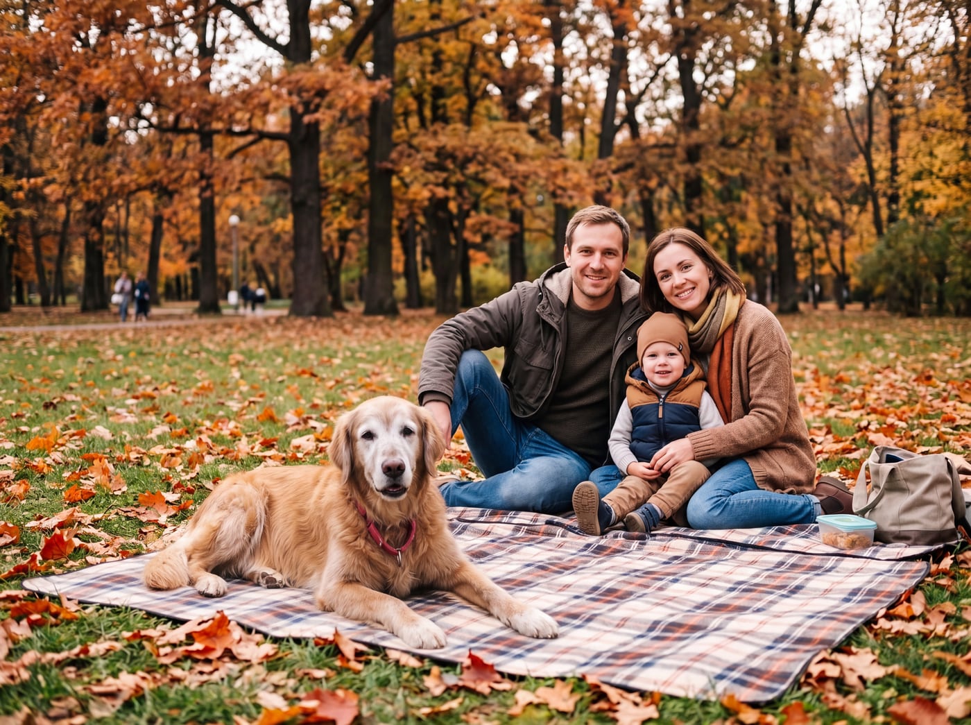 Family photo in a park with their dog added on the blanket