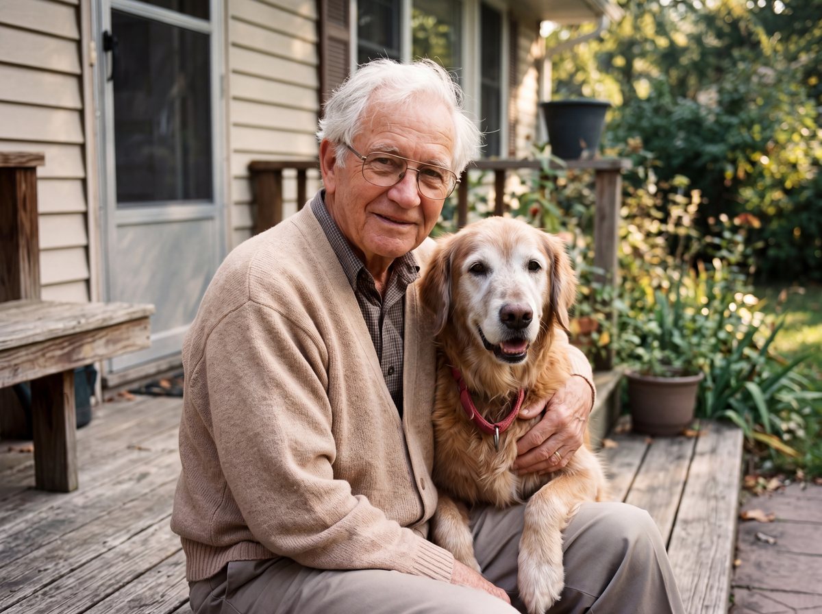 A new photo of an older man sitting on a porch with his golden retriever leaning against him
