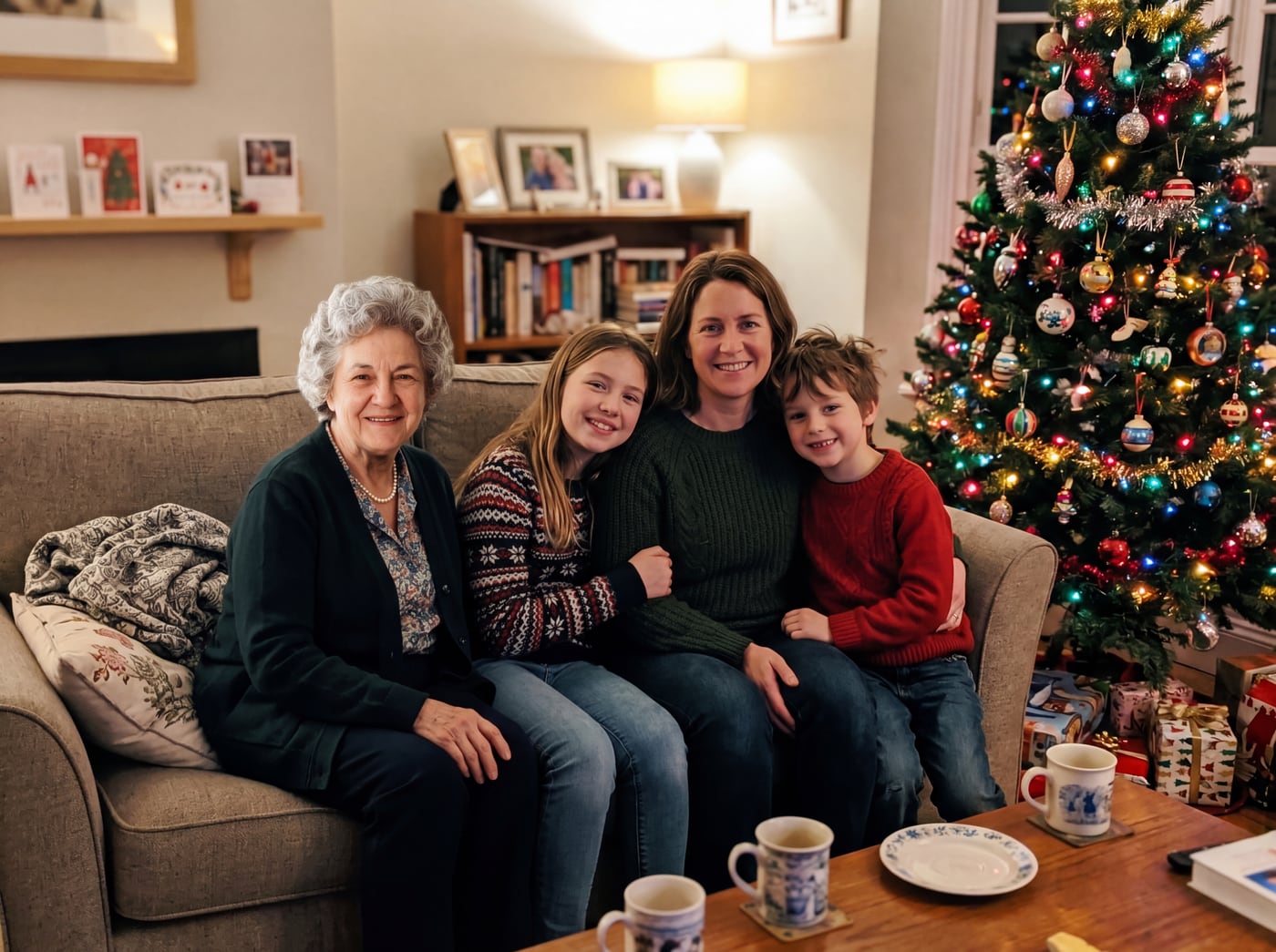 Family Christmas photo with grandma added by the tree