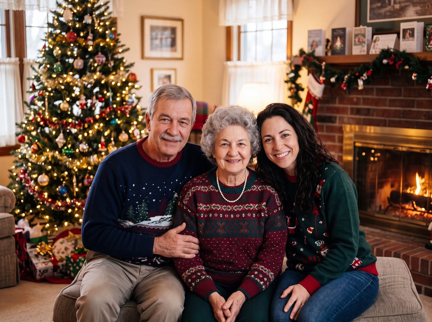 A new Christmas portrait of three family members in sweaters by a tree